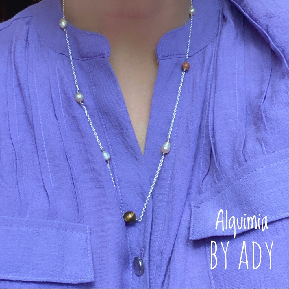 Long Freshwater pearl sterling silver jeweled gemstone necklace - Picture 4 of 5